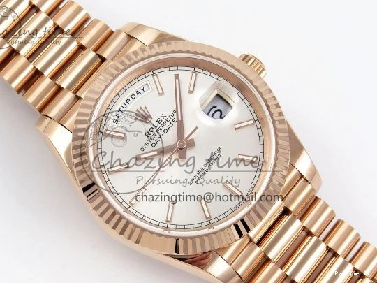 0109 OnTrend DayDate 40 RG JDF 904L Steel Silver Stick Dial on President Bracelet VR3255 V3 (Gain Weight) 1360